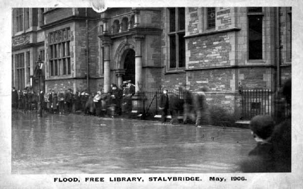 Flooding outside Stalybridge free library in 1906 due to burst water pipes